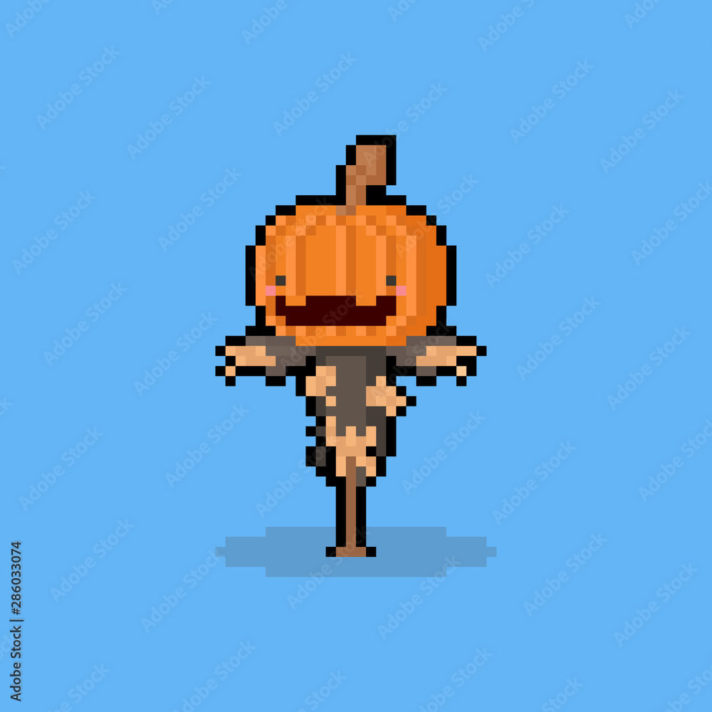 Pixel art cartoon cute pumpkin head scarecrow character.8bit.halloween