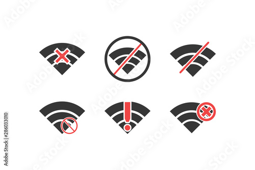 Wifi no signal icon set on white background. Black and red icons.
