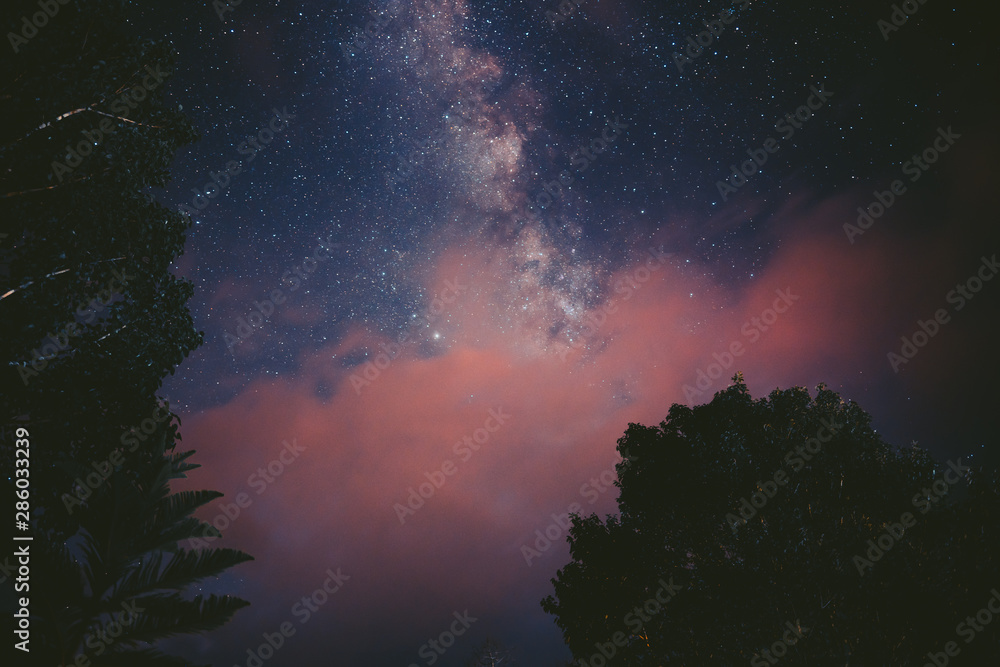 Night sky and the Milky Way with pink clouds