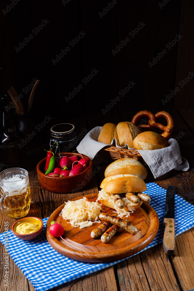 rustic nürnberger, bratwurst with sauerkraut and roll rustic nürnberger, bratwurst with sauerkraut and roll