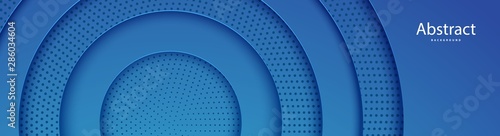Papercut abstract circle blue shape and dots background. Layered backdrop with round form paper and shadow. Horizontal vector web banner for creative advertising poster in a trendy style or site