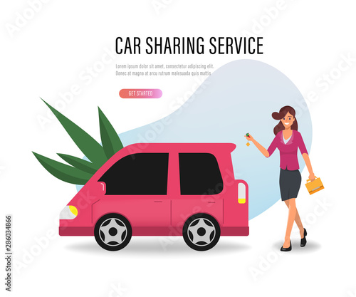 Woman get a car sharing service background.