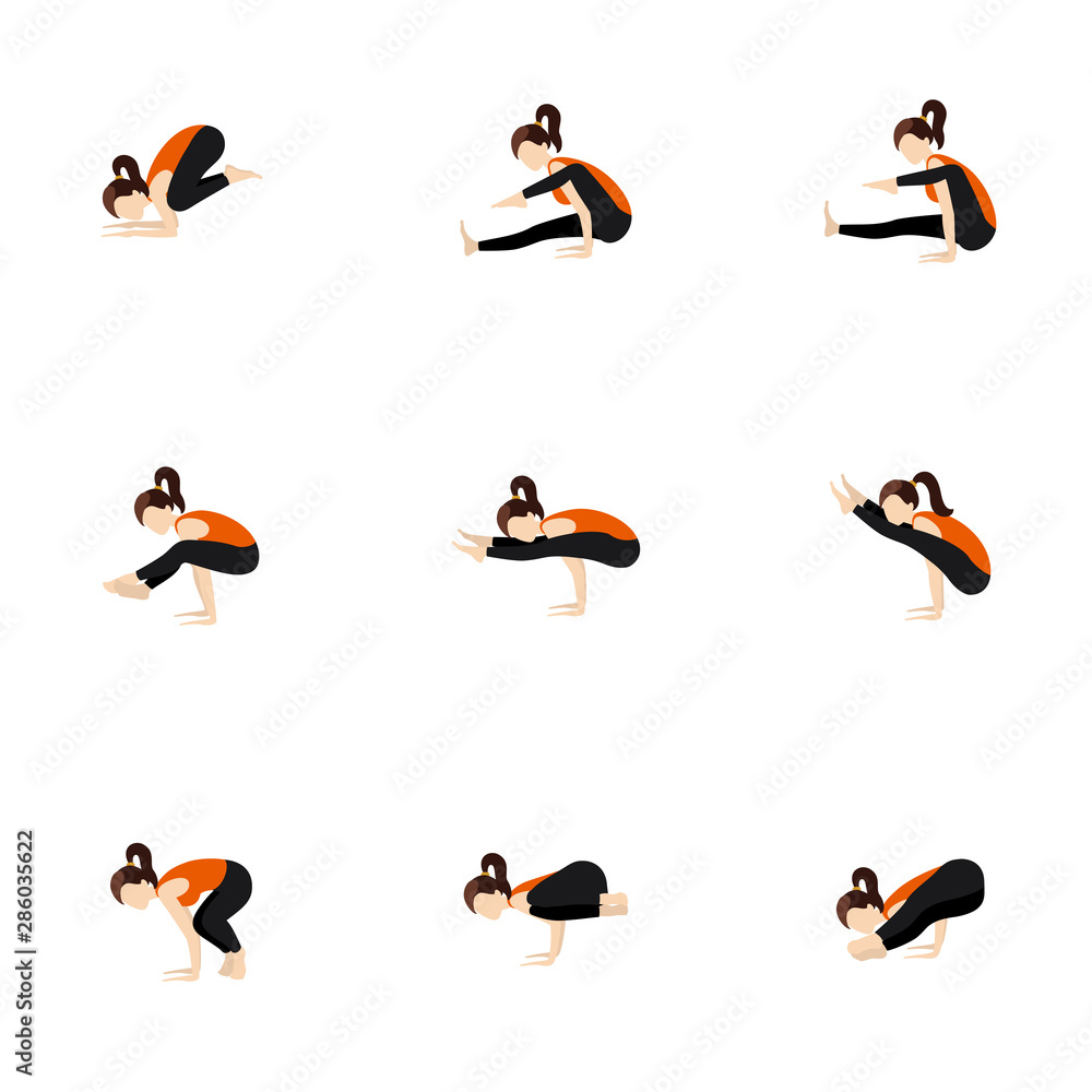 Advanced and twisted arm balances yoga poses set/ Illustration stylized woman practicing different yoga postures Advanced and twisted arm balances yoga poses set/ Illustration stylized woman practicing different yoga postures