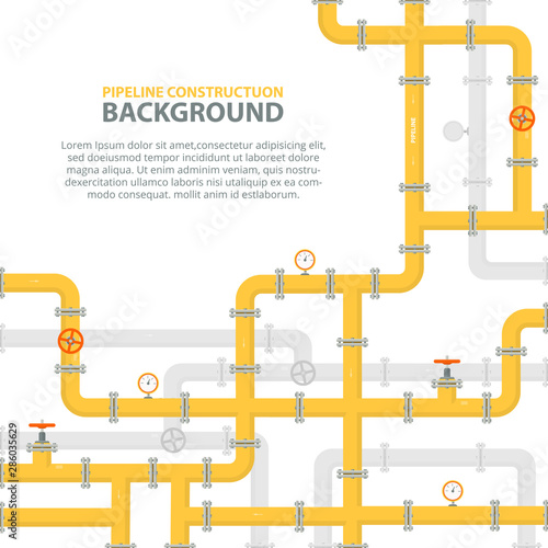 Industrial background with yellow pipeline. Oil, water or gas pipeline with fittings and valves. Web banner template. Vector illustration in a flat style.
