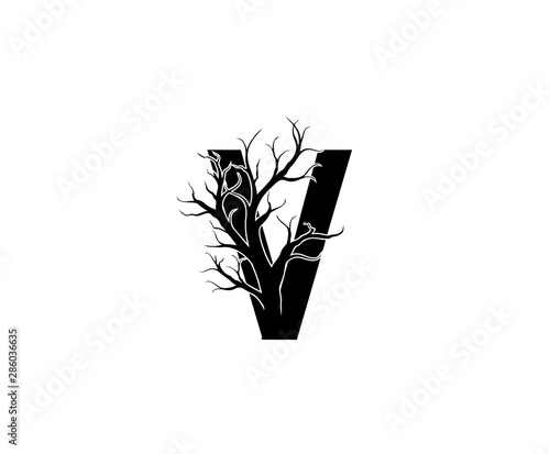V Letter and Dead Branch  Logo Icon. 