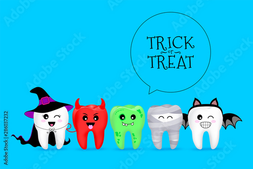 Cartoon spooky tooth in Halloween costumes. Trick or treat, Halloween concept. Illustration isolated on blue background.