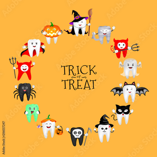 Cartoon spooky tooth in Halloween costumes. Trick or treat, Halloween concept. Illustration isolated on orange background.