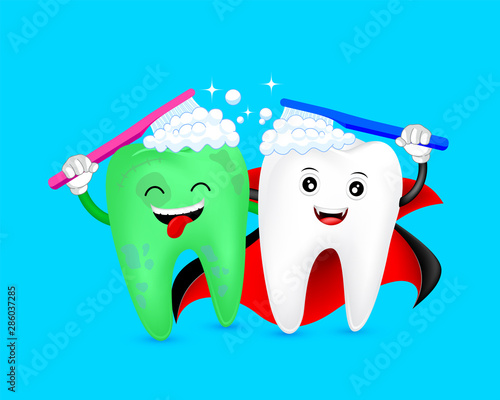 Halloween cartoon tooth character  brushing together. Count dracula and zombie. Happy Halloween concept. Illustration on blue background.