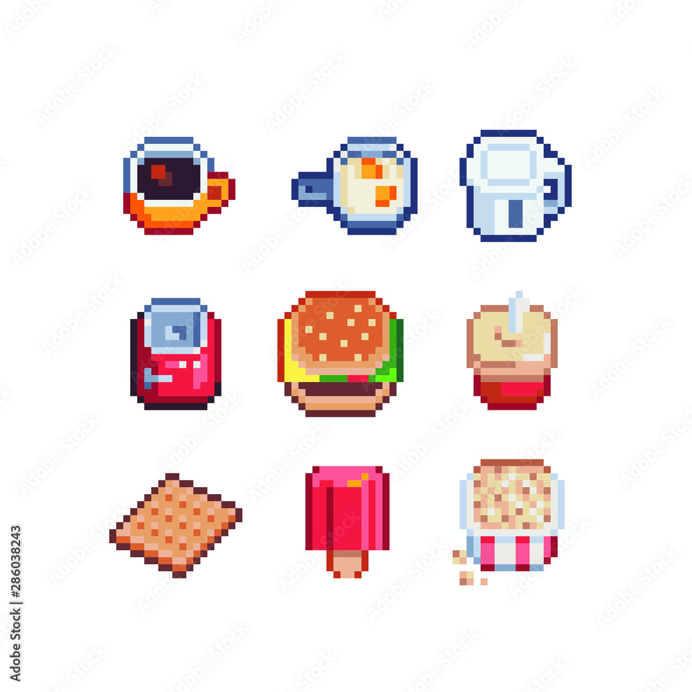 Food and drink pixel art icons. Fast Food, hamburger, cookie, tea