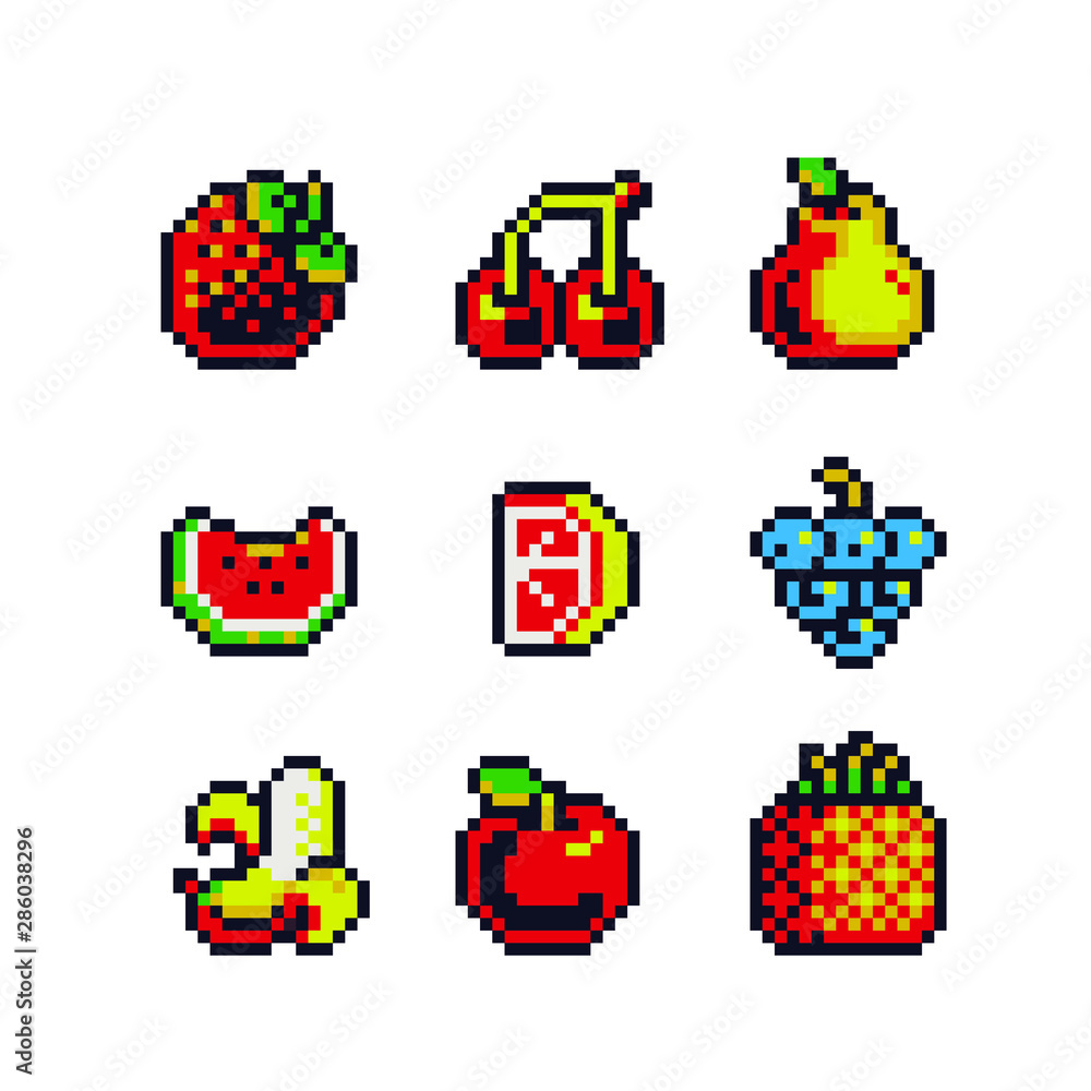 16px top-down fruits icons set, pixel art, peach, watermelon