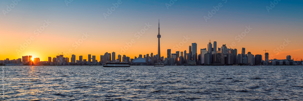 Panoramic view of spectacular Toronto skyline at sunset,  Toronto, Ontario, Canada.