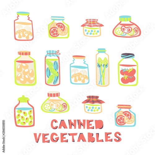 Collection of Hand Drawn Pickled Food - Cucumber, tomatoes, Olives, Peas, Eggs, Mushrooms.