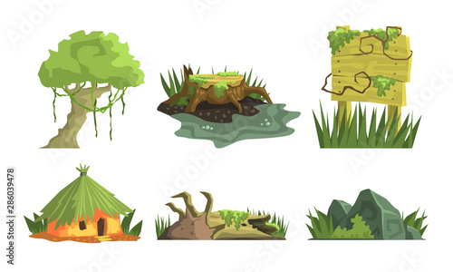 Tropical Jungle Landscape Elements Set, User Interface Assets for Mobile App or Video Game Vector Illustration