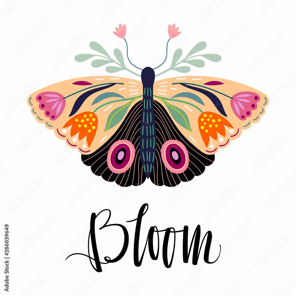 Floral card/poster/fashion textile design with decorative floral moth and hand lettering isolated on white background