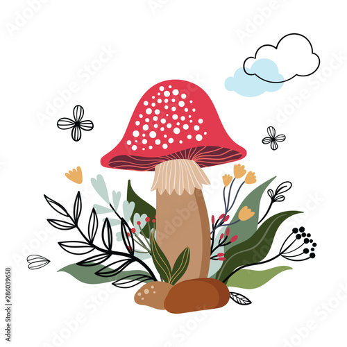 Decorative card/poster/fashion textile vector illustration with mushroom and plants, isolated on white background