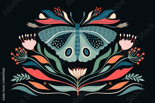 Decorative abstract poster/card/fashion textile illustration with moth and plants