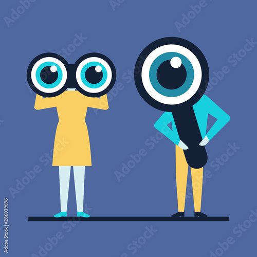little people, workers keep pair of binoculars and magnifying glass. vector illustration.