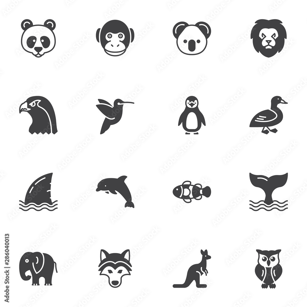 Animals vector icons set, modern solid symbol collection, Pictogram pack. Signs, logo illustration. Set includes icons as lion, eagle, dolphin, whale, fish, elephant, monkey, penguin panda owl