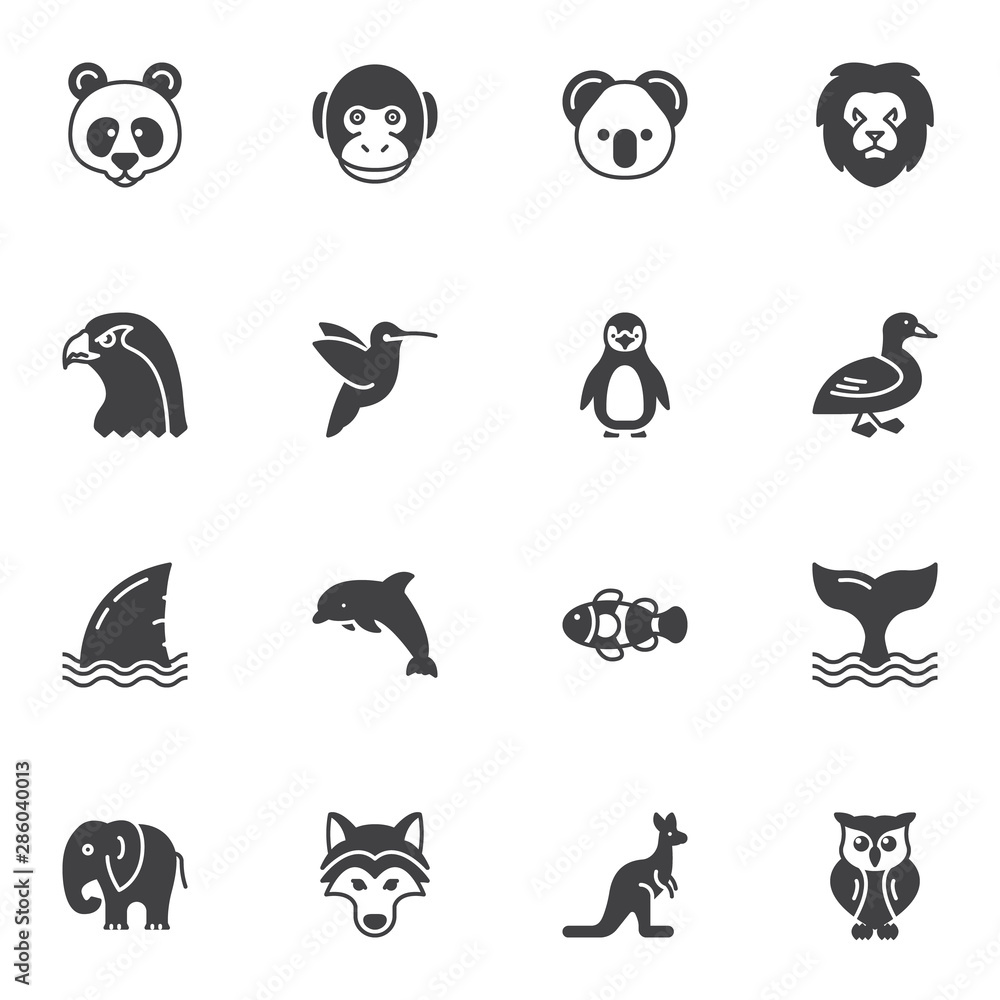 Animals vector icons set, modern solid symbol collection, Pictogram pack. Signs, logo illustration. Set includes icons as lion, eagle, dolphin, whale, fish, elephant, monkey, penguin panda owl Animals vector icons set, modern solid symbol collection, Pictogram pack. Signs, logo illustration. Set includes icons as lion, eagle, dolphin, whale, fish, elephant, monkey, penguin panda owl