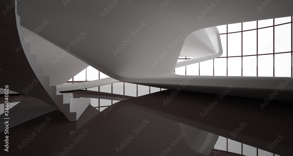 Abstract smooth architectural white and brown gloss interior of a minimalist house with large windows. 3D illustration and rendering. Abstract smooth architectural white and brown gloss interior of a minimalist house with large windows. 3D illustration and rendering.