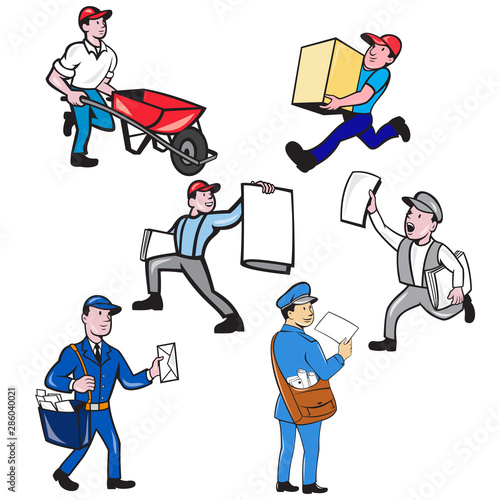 Set or collection of cartoon character mascot style illustration of a delivery person , mailman, postman, newspaper delivery boy on isolated white background.