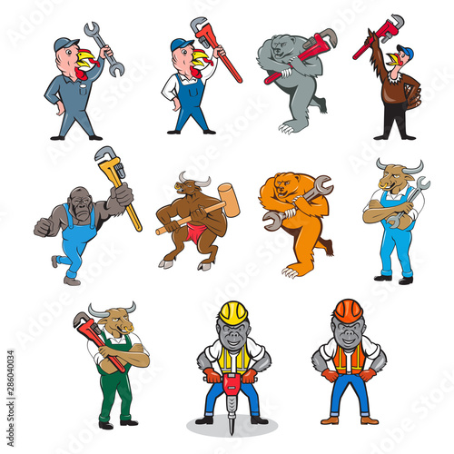 Set or collection of cartoon character mascot style illustration of an animal tradesman like a turkey, bear, bull, gorilla that is a plumber, mechanic and construction worker on isolated background.