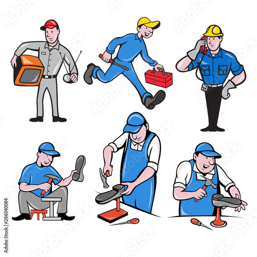 Set or collection of cartoon character mascot style illustration of a tv repairman, handyman, telephone or cable guy and a shoe repairman on isolated white background.