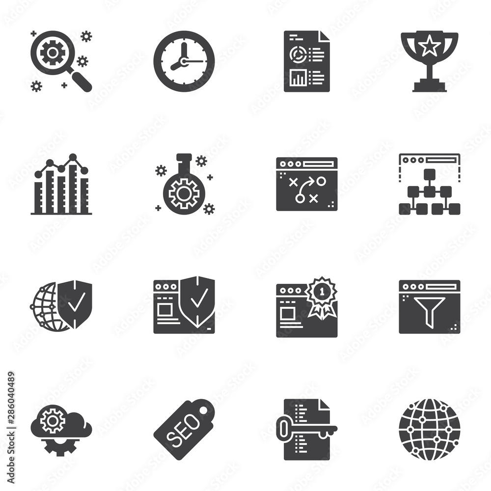 SEO marketing vector icons set, modern solid symbol collection, filled style pictogram pack. Signs, logo illustration. Set includes icons as search optimization, tactic scheme, browser security shield SEO marketing vector icons set, modern solid symbol collection, filled style pictogram pack. Signs, logo illustration. Set includes icons as search optimization, tactic scheme, browser security shield