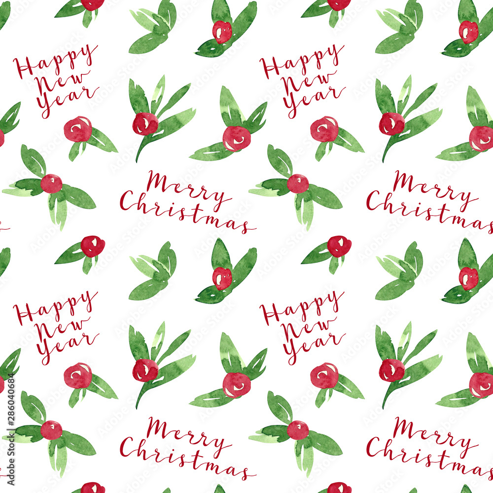 Watercolor Christmas seamless pattern with berries and leaves. New year background. Hand drawn sketch illustration. Perfect for wrapping paper, packing, textile, print Watercolor Christmas seamless pattern with berries and leaves. New year background. Hand drawn sketch illustration. Perfect for wrapping paper, packing, textile, print