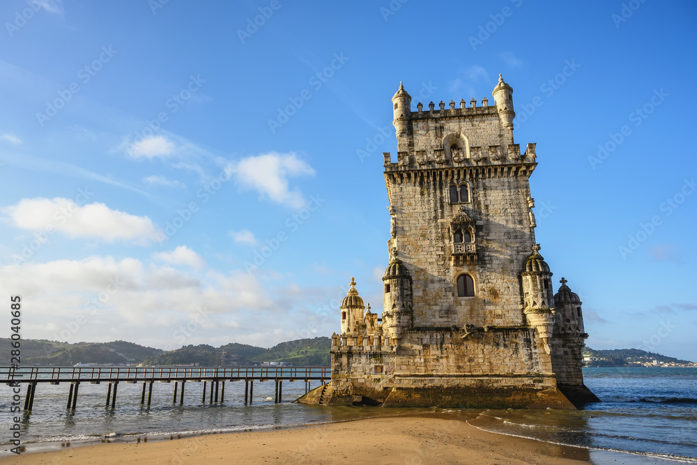 Lisbon Portugal city skyline at Belem Tower and Tagus River