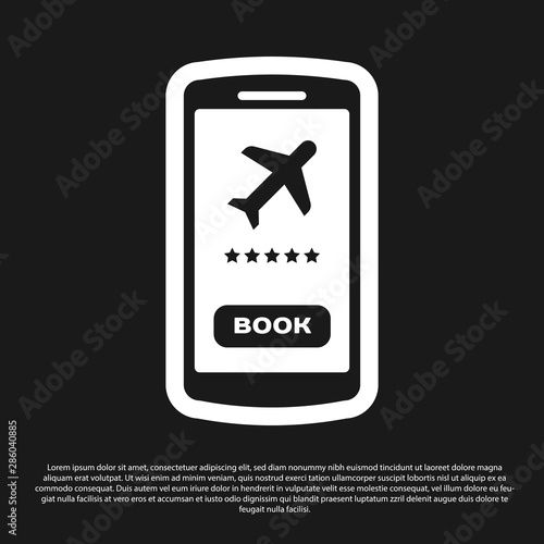 Black Smartphone with electronic boarding pass airline ticket icon isolated on black background. Passenger plane mobile ticket for web and app. Vector Illustration