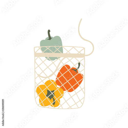 Mesh eco bag full of vegetables isolated on white background. Modern shopper with fresh organic pepper from local market. Vector illustration in flat cartoon style.