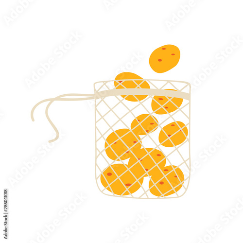Mesh eco bag full of vegetables isolated on white background. Modern shopper with fresh organic potatoes from local market. Vector illustration in flat cartoon style.