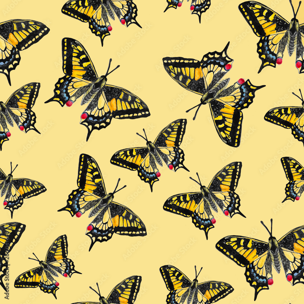 Naklejka premium Seamless pattern with watercolor butterflies on the yellow background