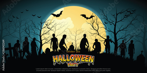 Crowd of hungry zombies in the woods. Silhouettes of scary zombies walking in the forest at night. Spooky forest with full moon and grave.