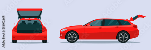 Red station wagon car with open boot. Side and back view. Vector flat style illustration.