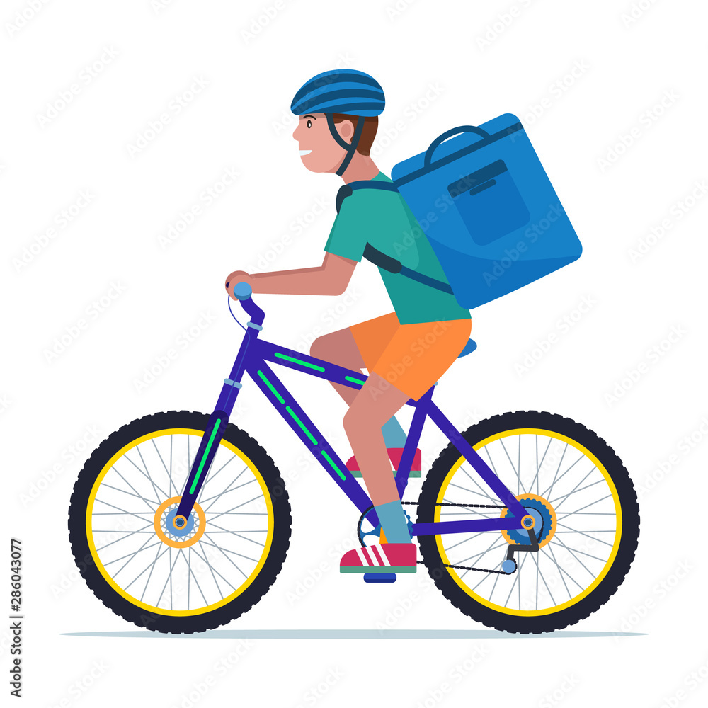 Fototapeta premium Courier man carries a box on a bicycle