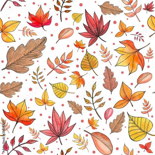 Seamless decorative template texture with red and orange leaves. Seamless stylized leaf pattern