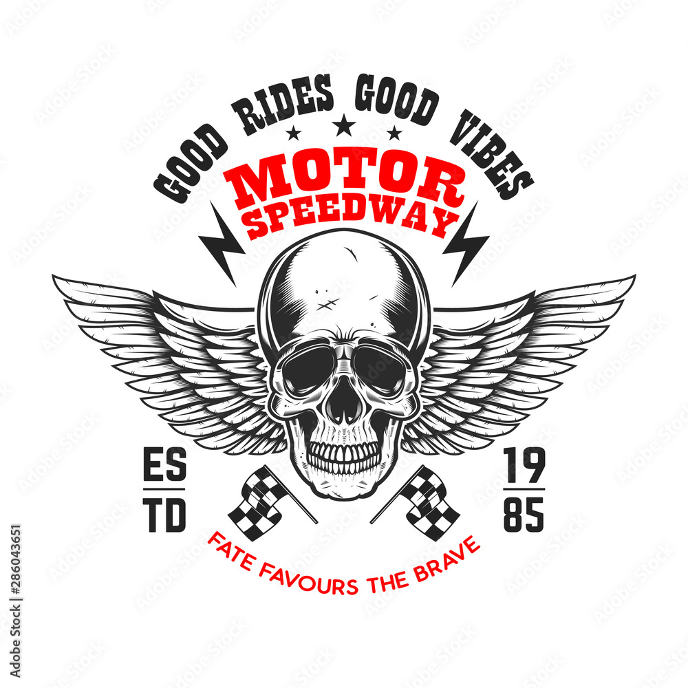 Custom motorcycles .Poster template with winged skull. Design element for poster, flyer, card, banner. Vector illustration Custom motorcycles .Poster template with winged skull. Design element for poster, flyer, card, banner. Vector illustration