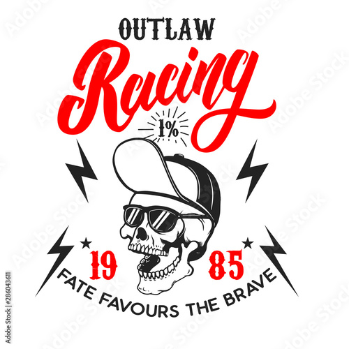 Outlaw racing .Poster template with skull. Design element for poster, flyer, card, banner. Vector illustration