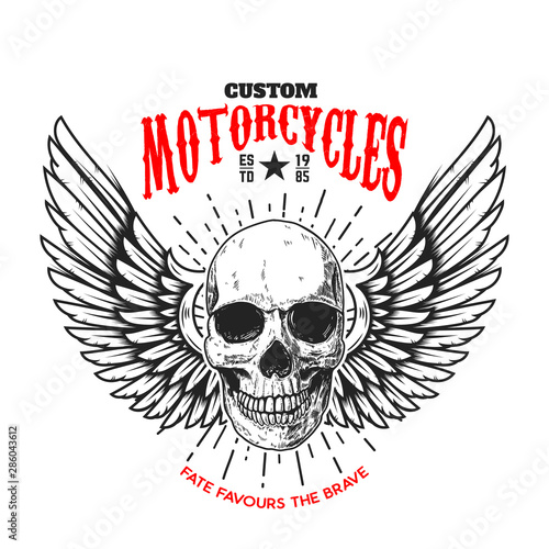 Custom motorcycles .Poster template with winged skull. Design element for poster, flyer, card, banner. Vector illustration