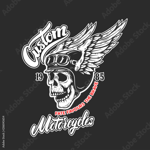 Custom motorcycles. Poster template with skull in winged racer helmet. Design element for poster, logo, label, sign, badge. Vector illustration