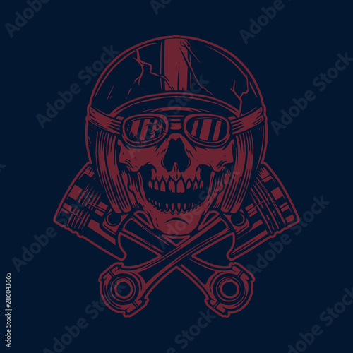 Skull in racer helmet and crossed pistons. Design element for poster, flyer, card, banner. Vector illustration