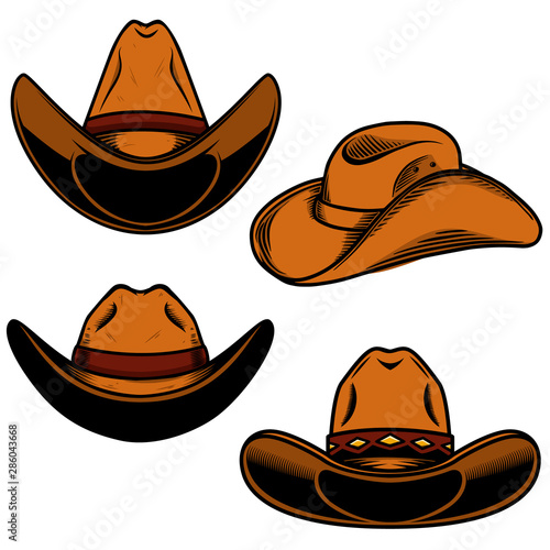 Set of  illustration of cowboy hat isolated on white background. Design element for poster, card, banner, sign, emblem, label. Vector illustration
