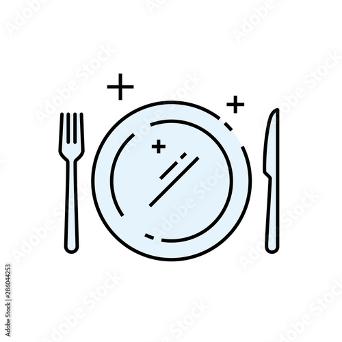 Dinner plate line icon. Cutlery and crockery symbol. Eating utensils sign. Knife, fork and empty plate graphic. Vector illustration.