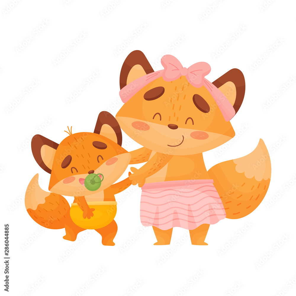 Mom is a fox with a little son. Vector illustration on a white background. Mom is a fox with a little son. Vector illustration on a white background.