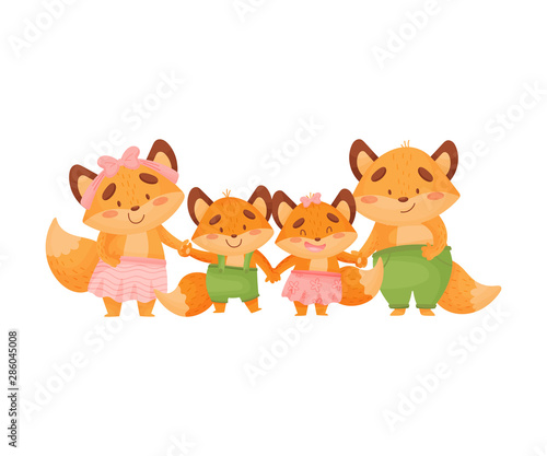 Family of foxes holds hands. Vector illustration on a white background.
