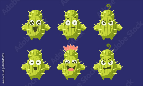 Cute Cactus Characters Set  Funny Emojis with Different Emotions Vector Illustration