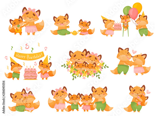 Set of images of a family of foxes in different situations. Vector illustration on a white background.