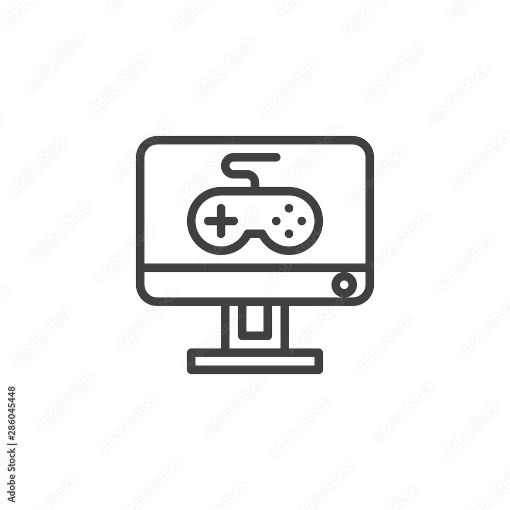 Computer game controller line icon. Online gaming linear style sign for mobile concept and web design. Monitor with joystick outline vector icon. Symbol, logo illustration. Vector graphics Computer game controller line icon. Online gaming linear style sign for mobile concept and web design. Monitor with joystick outline vector icon. Symbol, logo illustration. Vector graphics